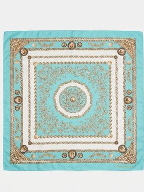 Vintage Monaco-Monte Carlo Teal Blue Gold Baroque Square Scarf Made in Italy